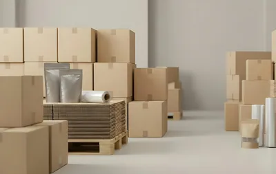 Cardboard boxes and packaging supplies in a warehouse