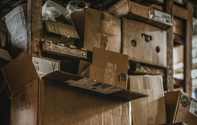 Pile of cardboard boxes stacked in a storage area