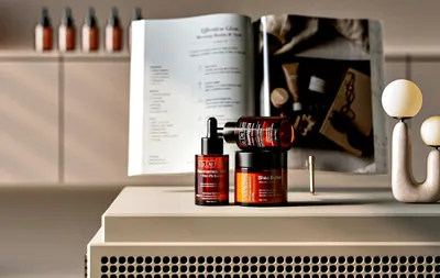 Cosmetic bottles and an open book on a modern counter