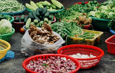 Fresh vegetables and produce displayed at a market
